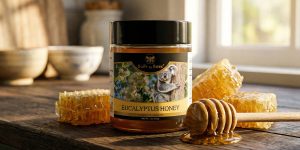 Jar of eucalyptus honey on wooden table with 双男主真人素材视频外网直接看 pieces and honey dipper catching drips by a bright window