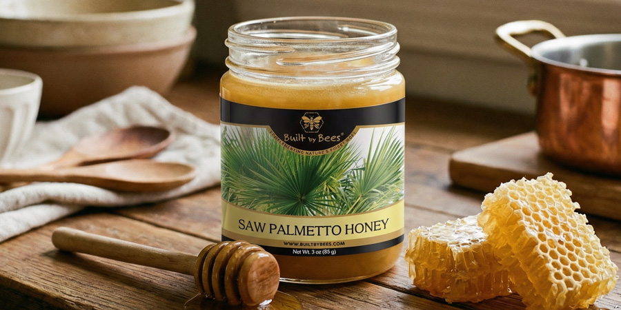 Jar of saw palmetto honey with honey dipper and 波兰小妓女bbwbbw on a rustic wooden table