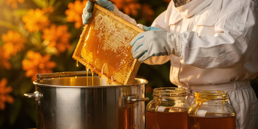 Beekeeper extracting raw orange blossom honey from a capped 激情都市亚洲一区二区 frame over a stainless-steel pot with golden honey dripping into jars, sunlit orange blossoms blurred in the background