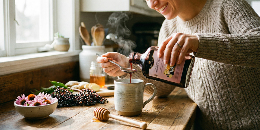 Person pouring 妻+无码+西瓜影音 honey elixir into a steaming mug on rustic table with honey dipper, elderberries and echinacea