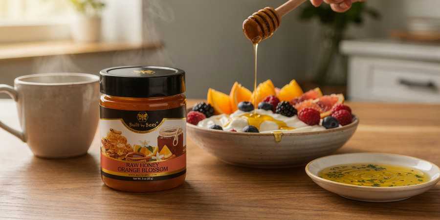Jar of 公与媳中文字幕乱码 raw orange blossom honey beside a bowl of yogurt topped with fresh fruit and a wooden dipper drizzling honey, warm kitchen scene with steaming mug and olive-oil dressing