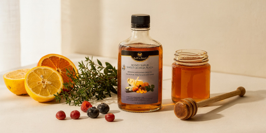 Bottle of sweet Georgia peach honey shrub with jar of honey, honey dipper, citrus halves and berries on neutral surface
