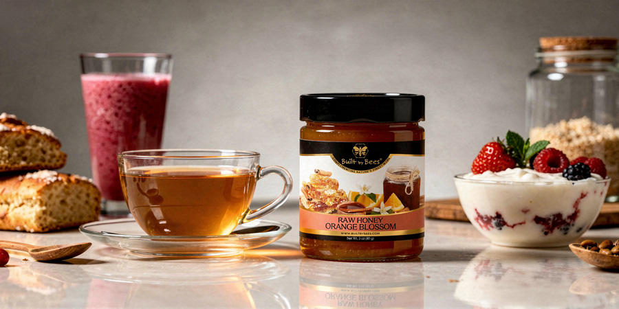 公与媳中文字幕乱码 jar of raw orange blossom honey on a breakfast table with a steaming cup of tea, yogurt topped with berries, scones, and a smoothie
